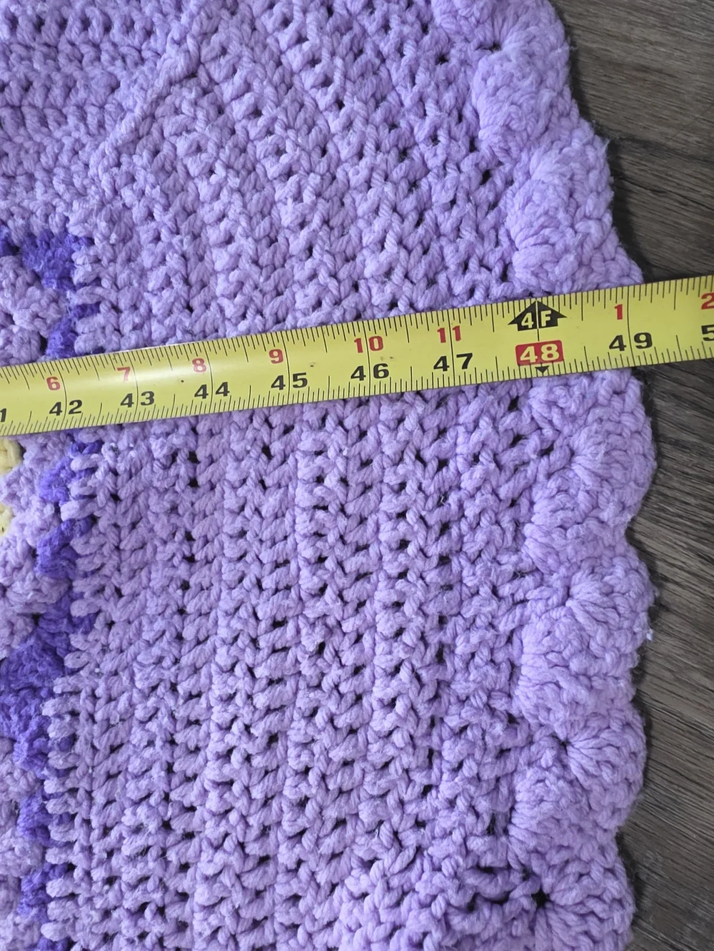 Handmade Purple Granny Square Crochet Blanket with Yellow & Green Accents 49x86